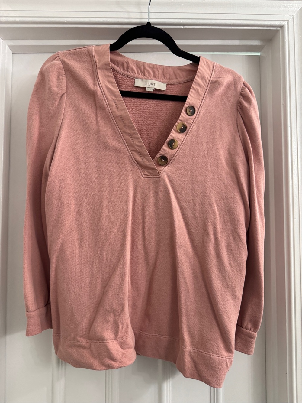 LOFT Rose Pink V-Neck Long Sleeve Top with Button Detail